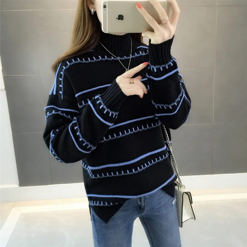 

Women Turtleneck Sweater and Pullover 2019 New Fashion Stripe Autumn Winter Knit Jumper Long Sleeve Loose Student Sweater AA556