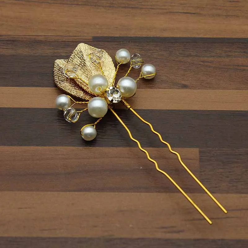 gold leaf Розовое золото Пром невесты аксессуары для волос невесты шпилька для волос с жемчужиной зажим Роскошные хрустальные стразы свадебные шпильки для женщин - Окраска металла: gold leaf