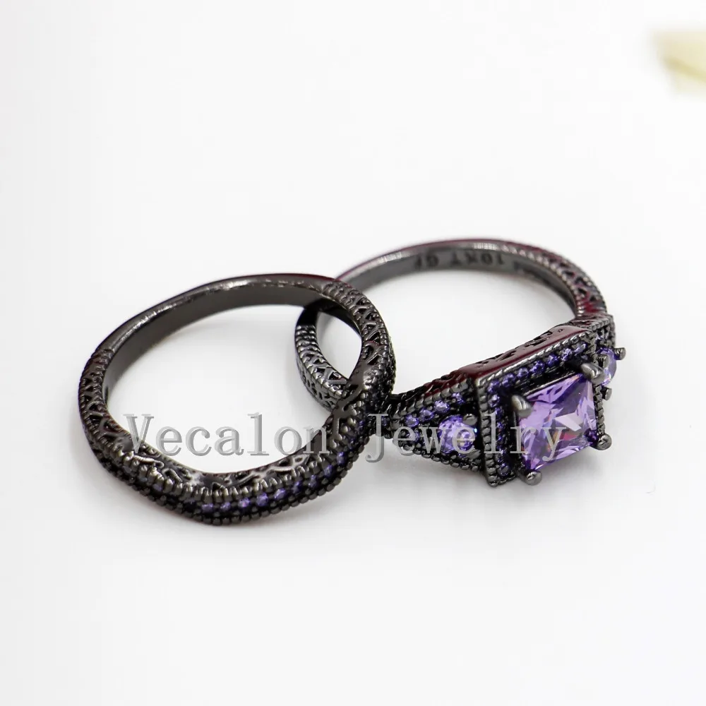 Vecalon Tremdy New Wedding Band Ring Set for Women purple AAAAA Zircon Cz 10KT Black Gold Filled Female Engagement ring | Украшения и