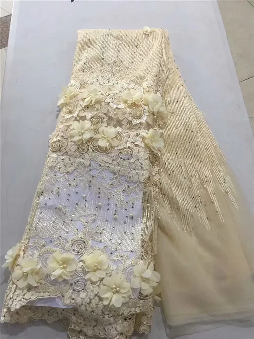 Кружевная ткань 5 ярдов в партии французский камень тюль кружевная с бисером 3D