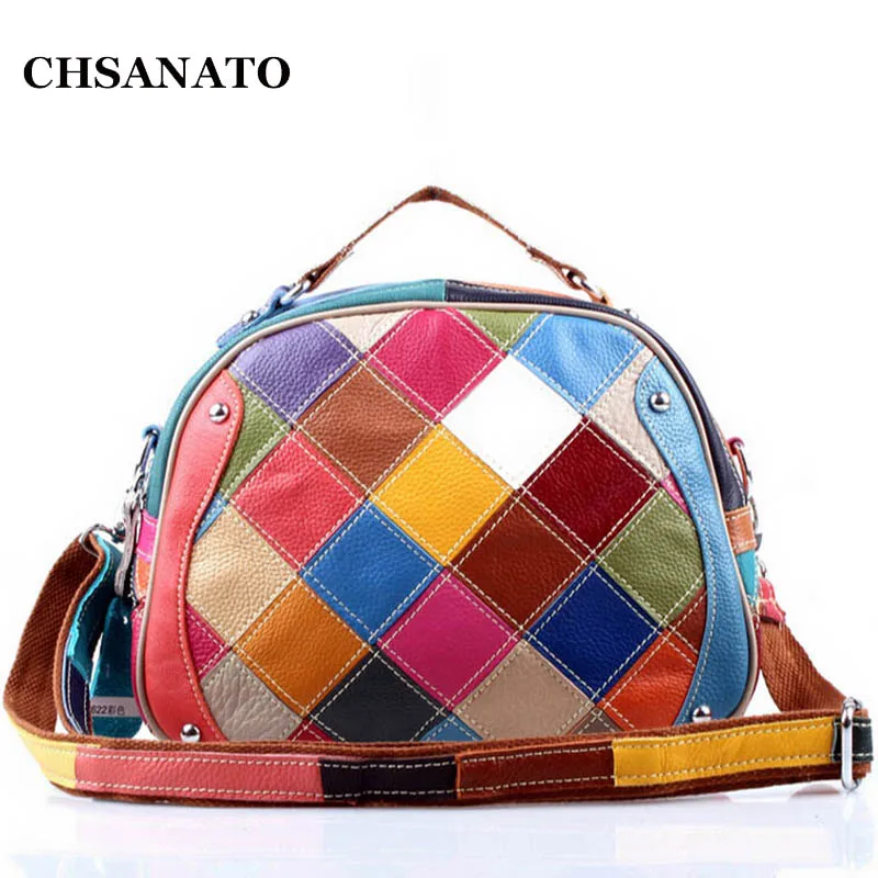 Сумка на плечо женская из натуральной кожи разноцветный тоут в стиле пэчворк