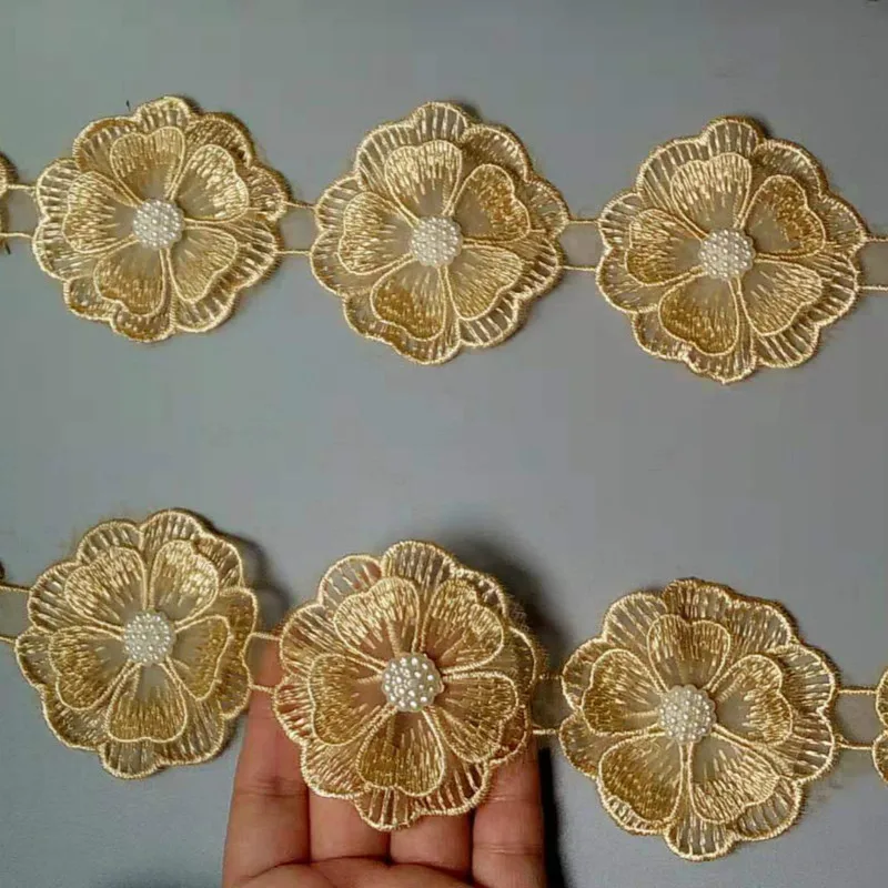 

10x Gold Pearl Handmade Beaded Flower Embroidered Lace snowflake Trim Ribbon Double Layered Applique Dress DIY Sewing Craft New