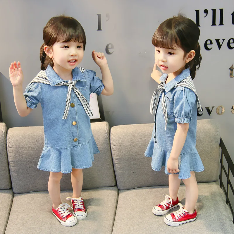 Новинка 2018 года одежда для маленьких девочек джинсовое платье в полоску с