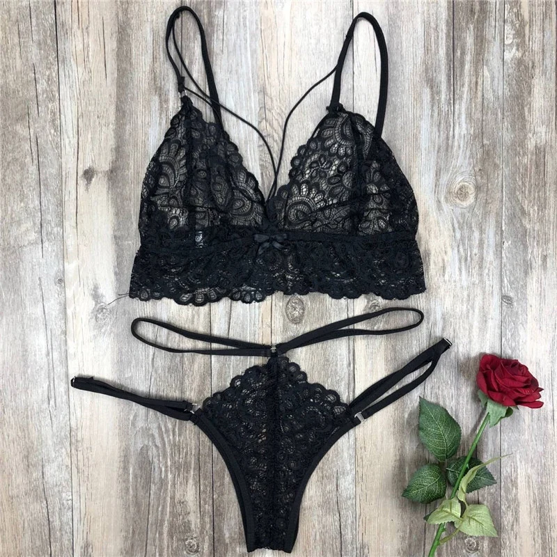 

Sexy Women Lace Flower Lingerie Bra Set Babydoll Underwear Push Up Bras Female Seamless Thong G String Set Pajamas Set
