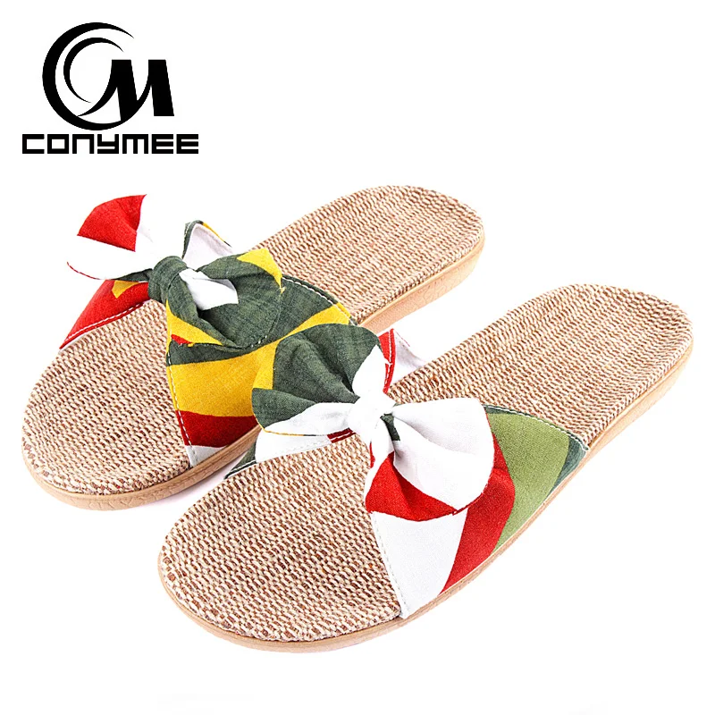 CONYMEE/2018 льняные домашние тапочки пикантные женские с бантом и цветочным принтом