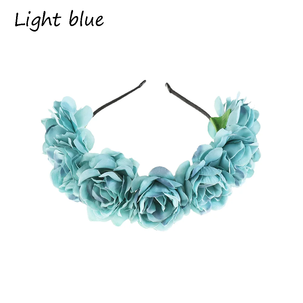 light blue Модная женская повязка на голову с цветами для невесты, мексиканский стиль, розовая Корона, повязка на голову, женские эластичные пляжные аксессуары для волос - Цвет: light blue