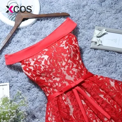 XCOS vestido de noiva simples с открытыми плечами красные платья подружек невесты кружевное