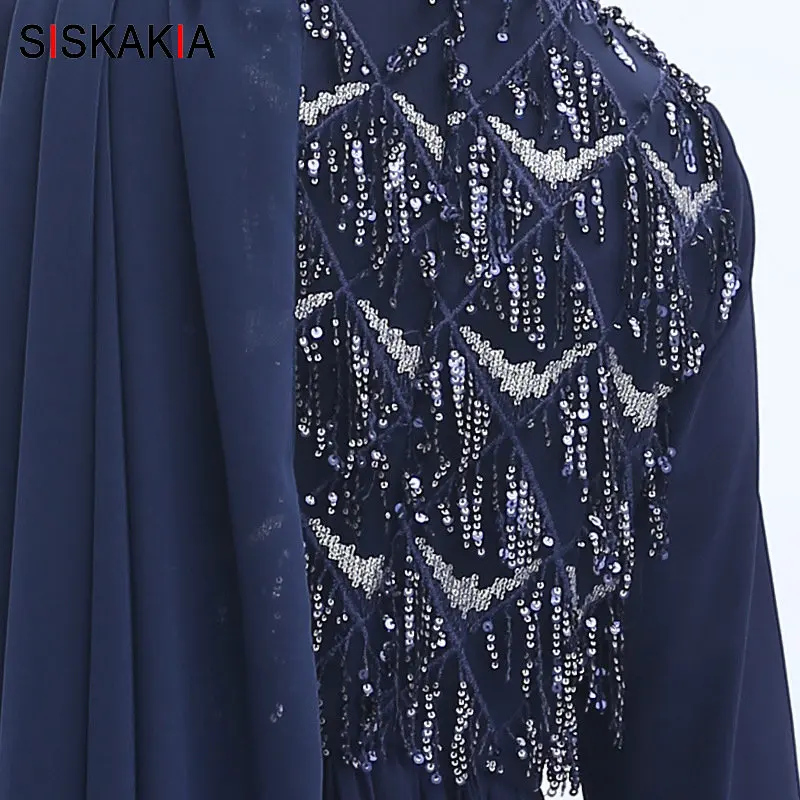 Женское длинное платье Siskakia бежевое шифоновое с блестками и кисточками в стиле