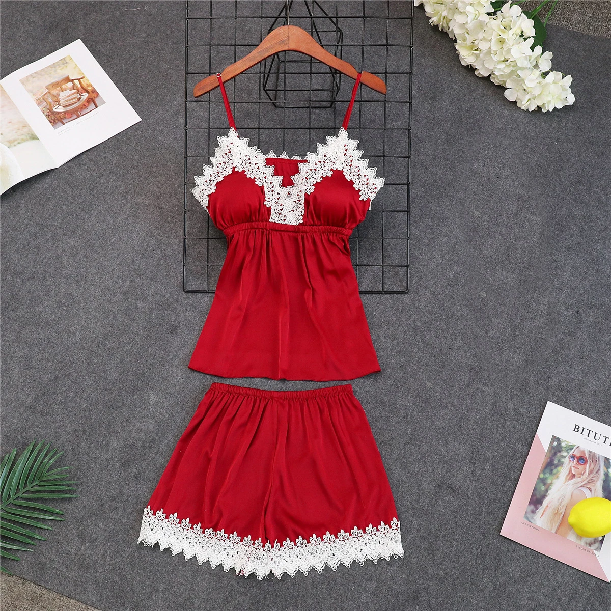 Темно-синие сексуальные женские пижамные комплекты из 2 предметов: топ на