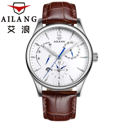 Silver white Хит! AILANG роскошные брендовые мужские часы автоматические кожа повседневные деловые часы, наручные часы с механизмом, экономия энергии 7-контактный кофе часы - Цвет: Silver white