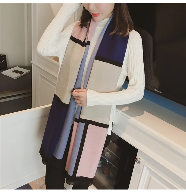 Chanycore Colorblock bow Fashion Winter scarf cashmere pashmina women scarfs Colorblock double-sided warm thick shawl for ladies