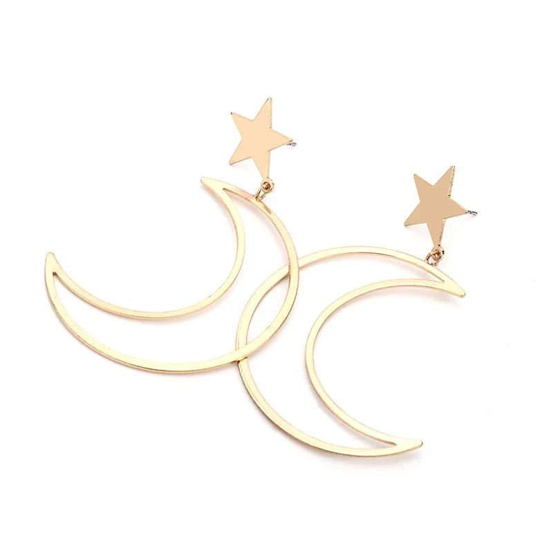 Women's Korean Personality All-match Copper Cast Geometric Stars Moon Pendant Earrings Gold Silver Color Jewelry 2017 New Gift |