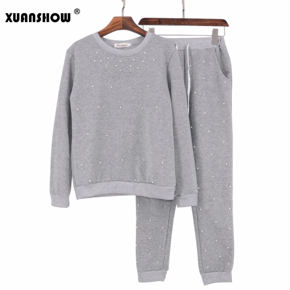 XUANSHOW 2020 модный весенний осенний Женский комплект с жемчужными бусинами свитшот и