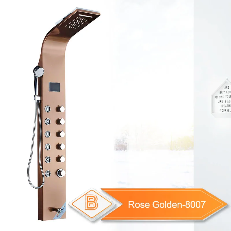 Rose Golden 8007 Светодиодный светильник, Душевая система для ванной, душевая колонка, розовая, золотая, дождевая, водопад, душевая панель, 3 ручки, с ручным душа, массажные струи, носик - Цвет: Rose Golden 8007