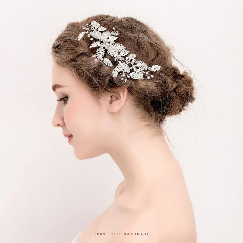 2019 New Luxurious Silver Leaf Crystal Bridal Hairpin Rhinestone Headband Headpiece Hair Ornaments Tiara Wedding Jewelry | Украшения и