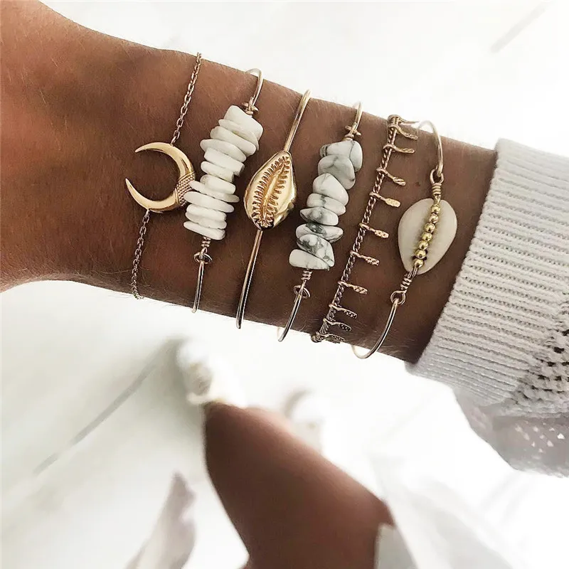 

Free Shipping 6 pcs/set Shell Stones Bead Bracelets for Women Ethnic Bohemian Gold Moon Shell Charm Bracelets Gift Jewelry