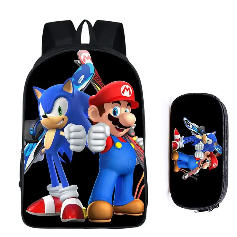 2Pcs 014 16 дюймов Sonic the Hedgehog Mario, школьная сумка для детей, рюкзак для мальчиков, детские школьные наборы, сумка-карандаш, школьная сумка для малышей - Цвет: 2Pcs 014