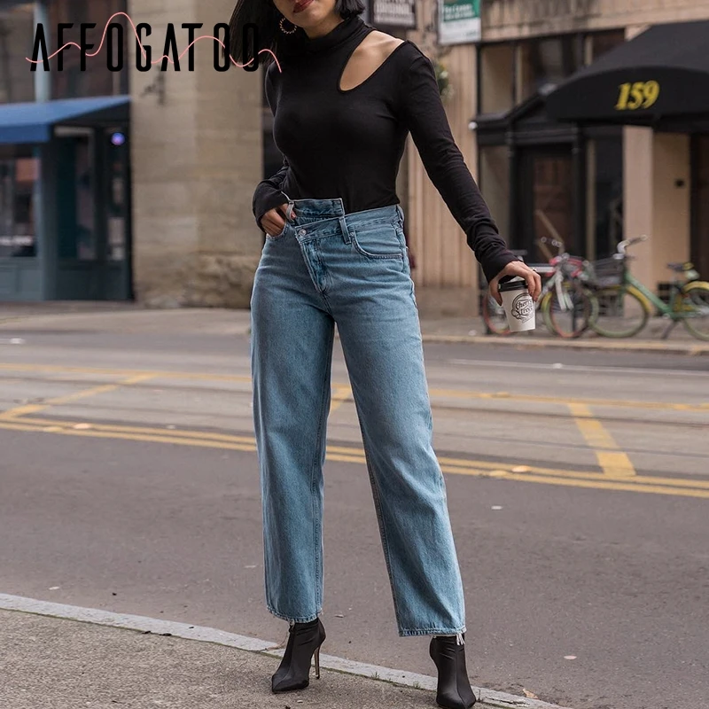 Afogatoo повседневные джинсы с высокой талией Женский светильник синие пуговицы looose