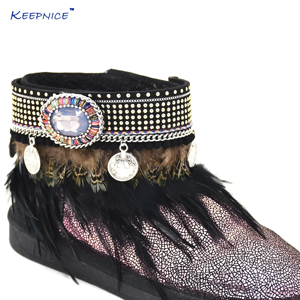 

Barefoot Sandals Boho Anklet Bracelet Gypsy Barefoot Vintage Coin Charm Tobilleras Black Feather Tassel Charm Ankle Bareclets
