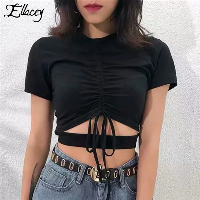 Ellacey Ins модные сексуальные футболки для женщин Лето 2019 укороченные топы девушек