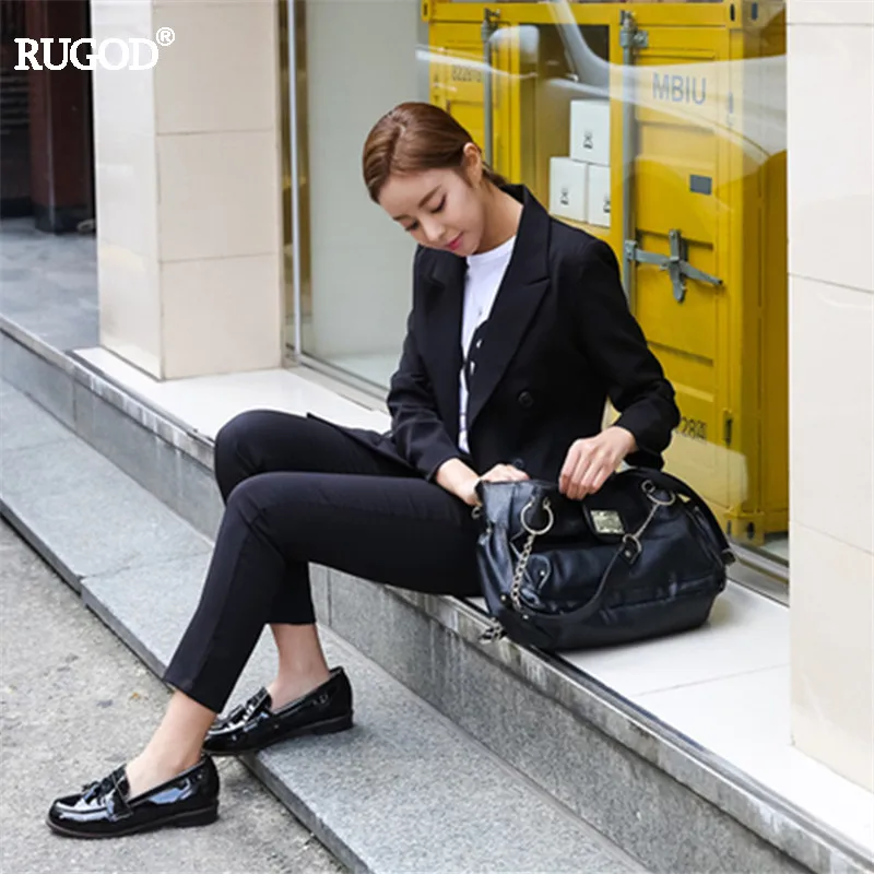 Женский офисный костюм RUGOD синий двубортный пиджак и брюки деловой с брюками