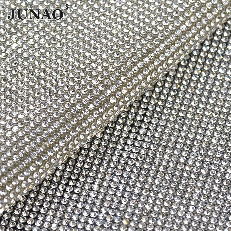 

JUNAO 24*40cm Clear Hotfix Glass Rhinestone Mesh Trim Crystal Fabric Sheets Strass Applique for Dress Jewelry Decoration
