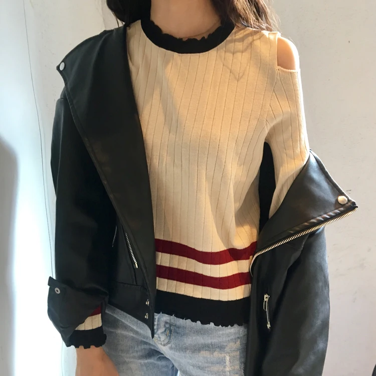 WHITNEY WANG 2018 Autumn Fashion Streetwear Korean Style Hollow out Shoulder Striped Sweater Women jumper pull femme Pullovers | Женская