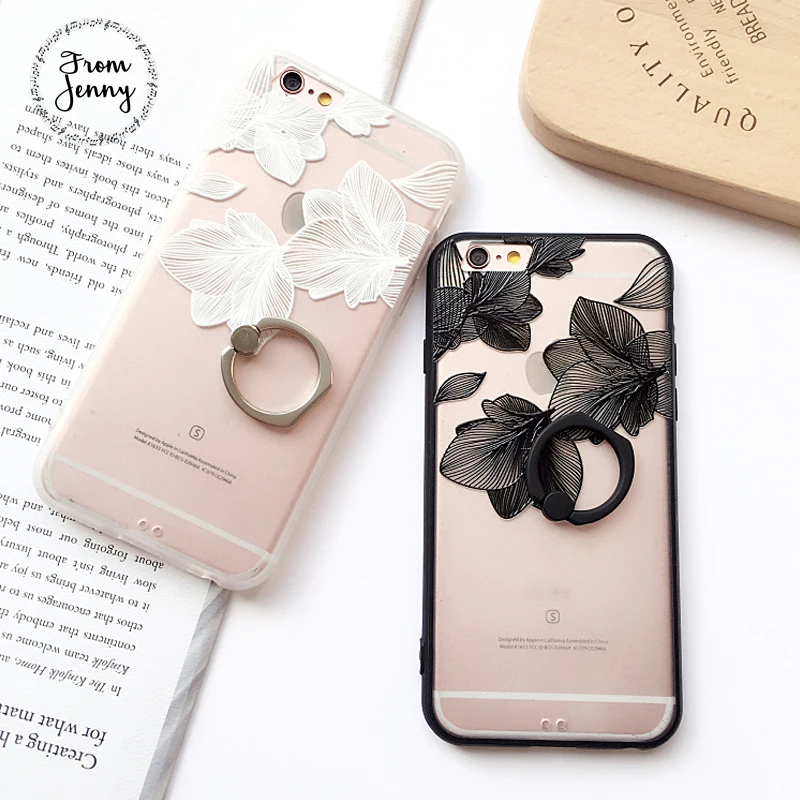 From Jenny Ring Grip Lace Flower Pattern Case For iPhone 6 6s Plus 7 hard Back Cover Cases half rose capa fundas |