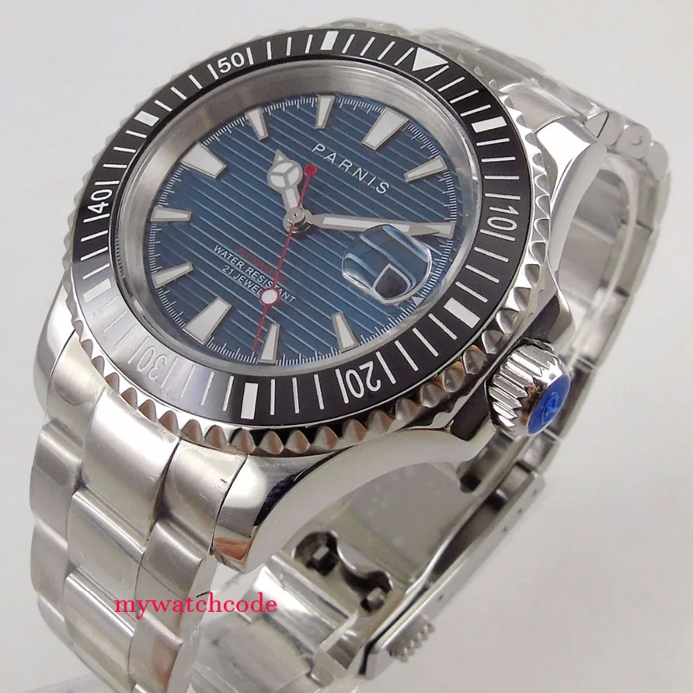 

new arrive 41mm Parnis blue dial Sapphire glass date deployment clasp miyota 8215 automatic mens ss watch