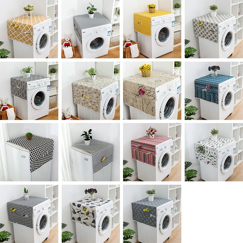 

Faux Linen Washing Machine Cover with Pocket Refrigerator Top Cover Microwave Oven Dust Proof Cover Household Home Storage