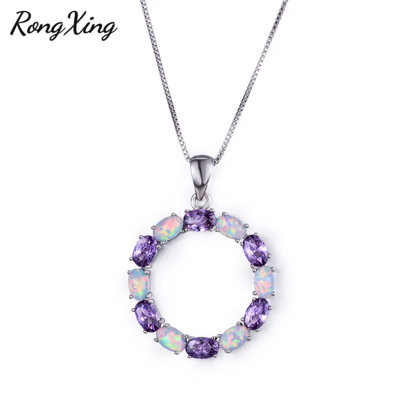 Purple Zircon RongXing белый/синий/фиолетовый Огненный Опал Круглый кулон ожерелье s для женщин 925 серебро колье с камнем рождения обручение ювелирные изделия - Окраска металла: Purple Zircon