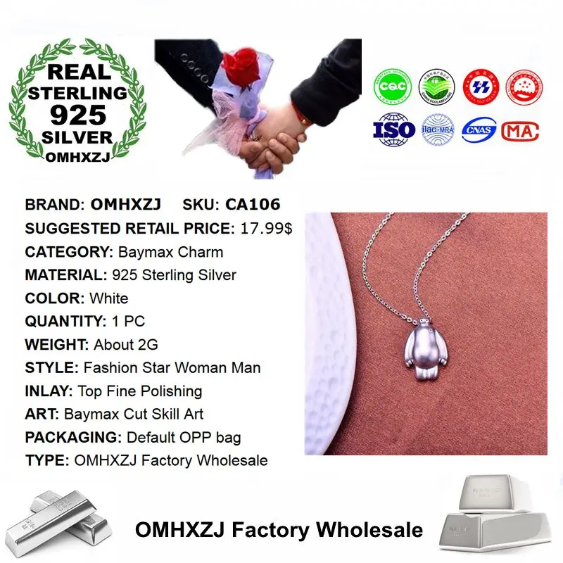 OMHXZJ Wholesale European Fashion Woman Man Party Wedding Gift White Baymax 925 Sterling Silver Necklace Pendant Charm CA106 | Украшения и