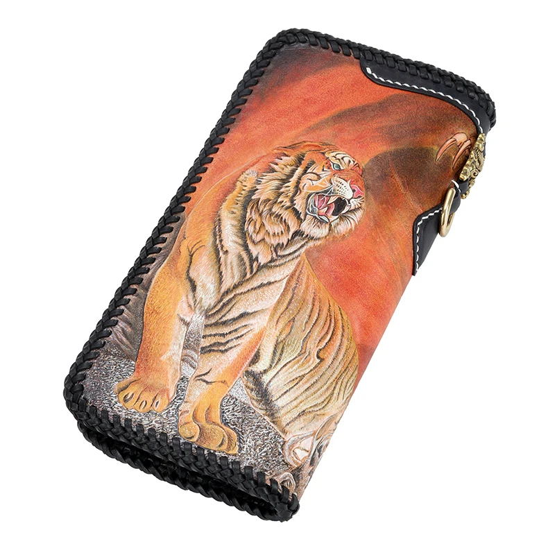

Master Works Genuine Leather Wallets Carving Dragon Tiger Purses Men Long Clutch Vegetable Tanned Leather Wallet Card Holder