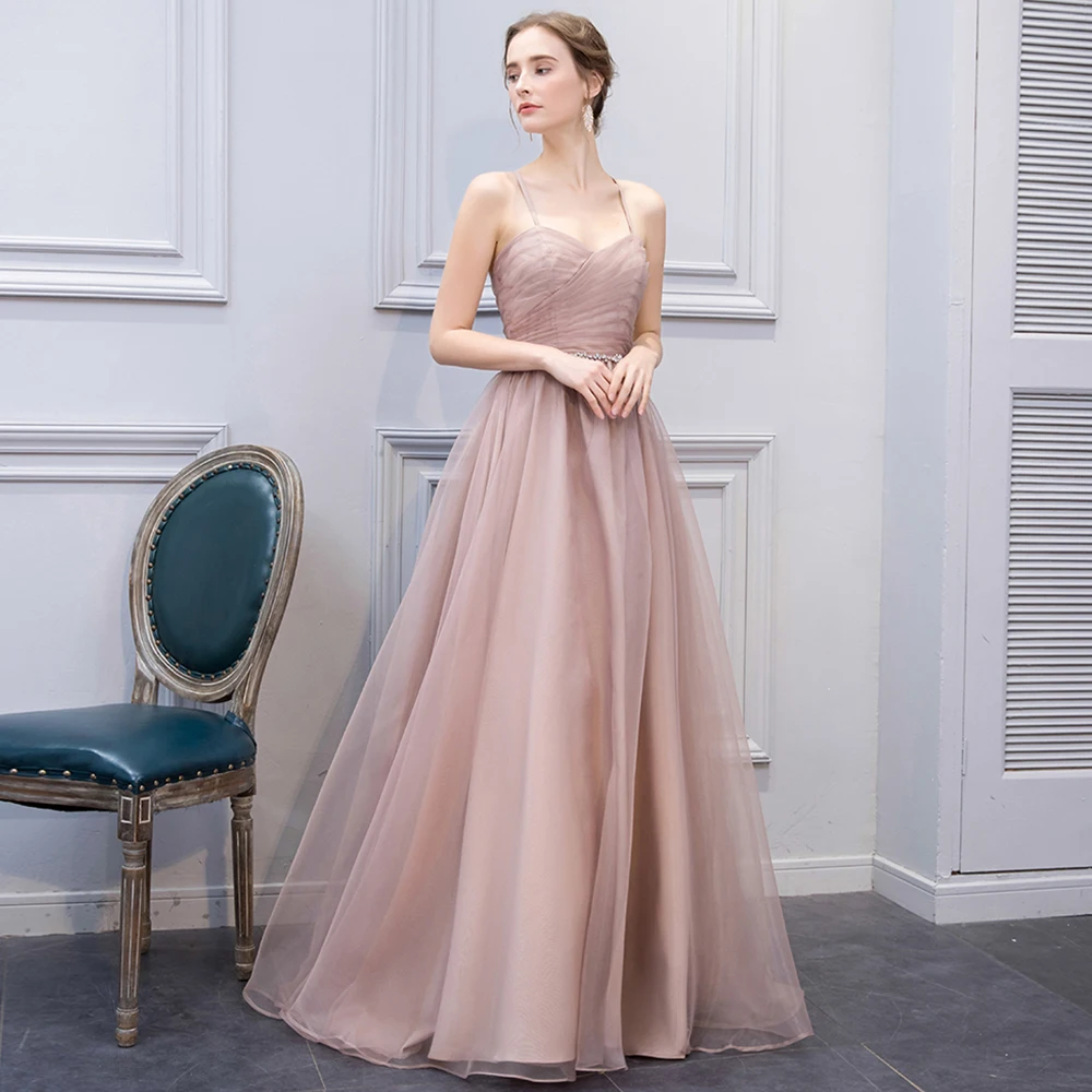 BeryLove Pink Prom Dress 2019 Long Evening Dress Simple Formal Dress Spaghetti Straps Prom Gown Elegant Party Dress Crystal Belt