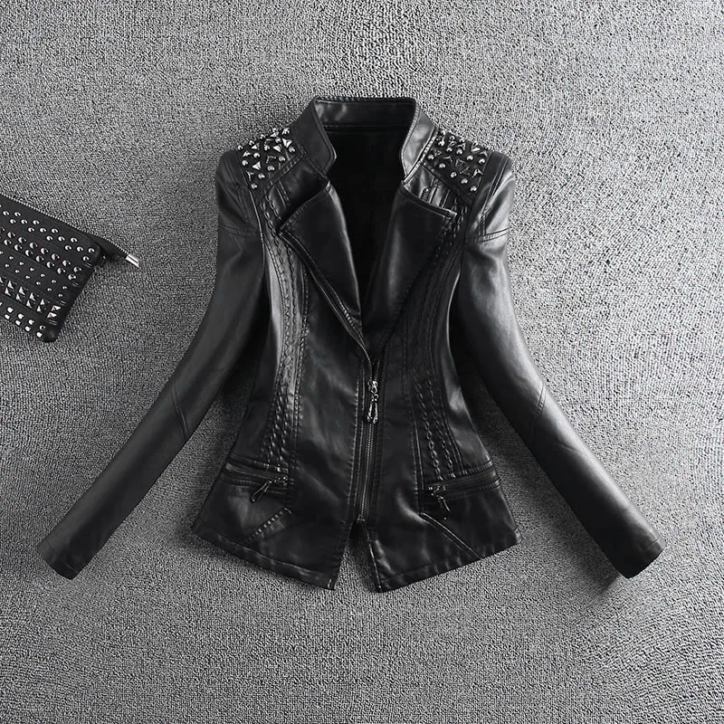 

2019 Spring and Autumn Women Coat Fashion Slim Leather Coats Lady Rivets Pu Leather Jacket Women Short Slim Motorcycle Jacket