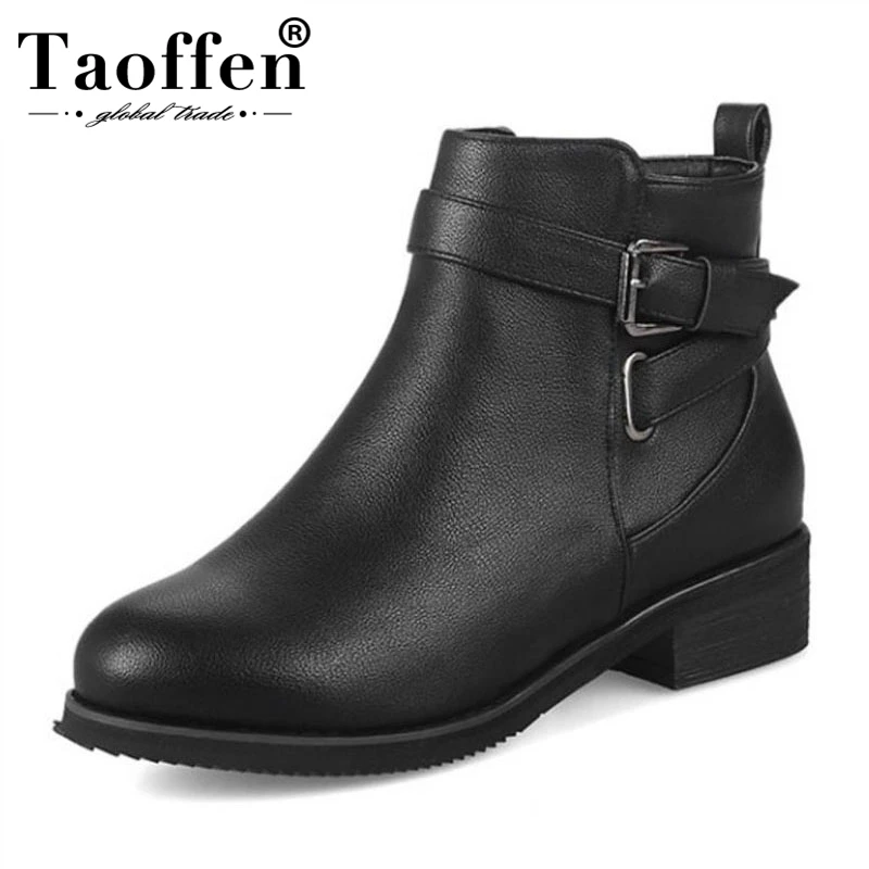 TAOFFEN/женские ботильоны размера плюс 32-48 зимние ботинки на плоской подошве с металлической пряжкой теплые полусапожки на меху женская обувь модные ботинки