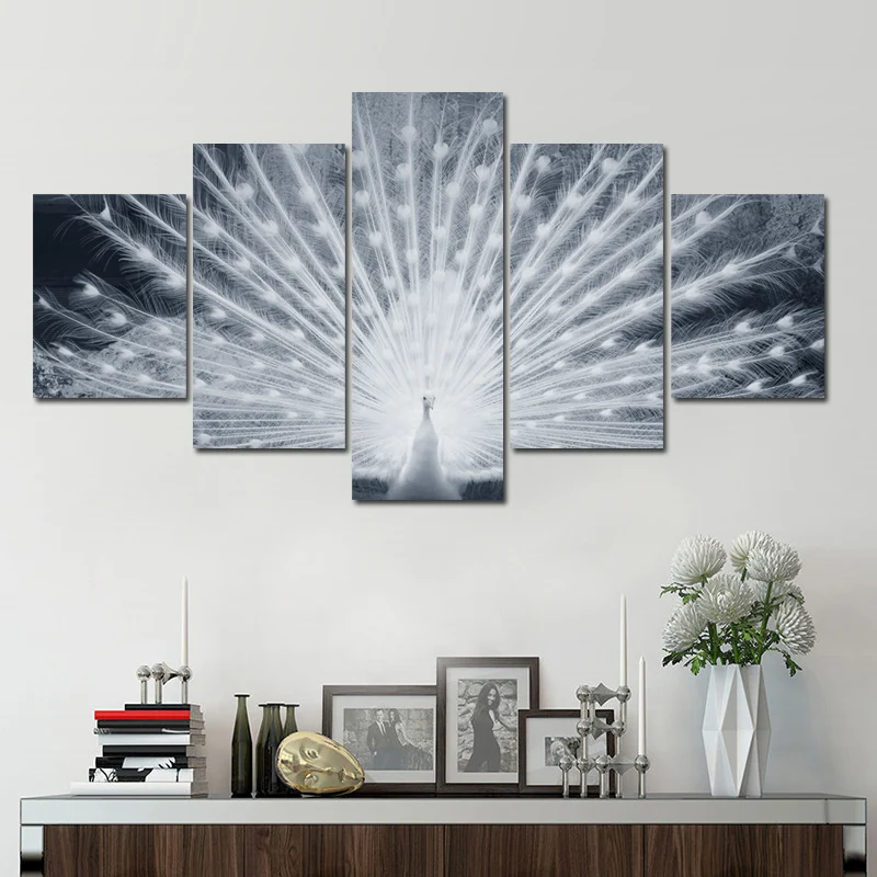 5 Panel White Peacock Canvas Wall Art Print Painting Beautiful Animal Artwork Home Decor Picture for Office Hotel Unframed | Дом и сад