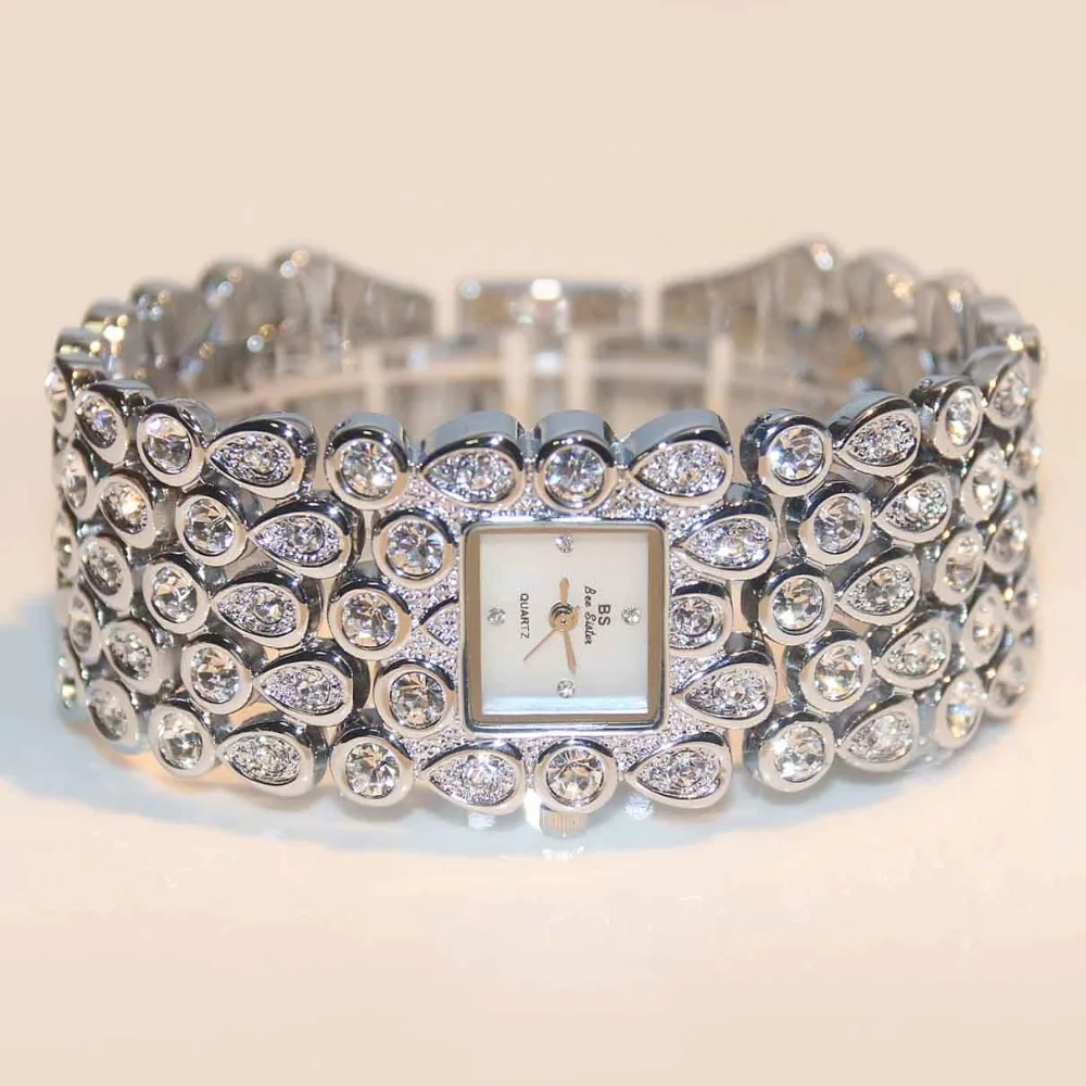 

BS brand Women Full Rhinestone Watches Lady Shining Dress Watch Square Rose Gold Bracelet Wristwatch Ladies diamond Watch