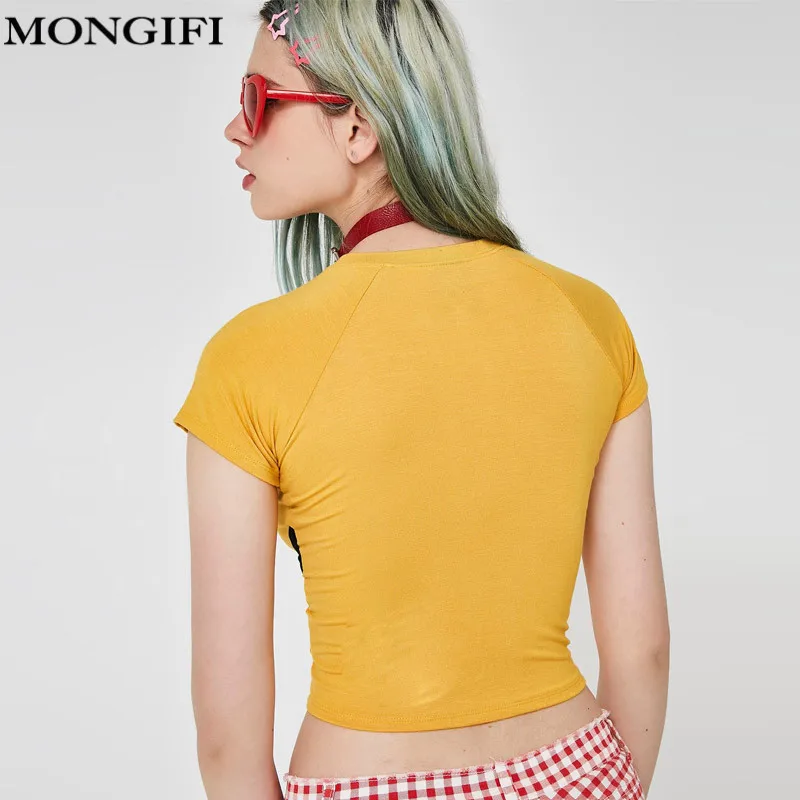 MONGIFI хлопок футболки с надписями Для женщин Клубная одежда желтый укороченный