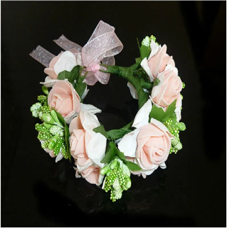 Бело-розовые аксессуары для волос женщины девочки, набор из пены, цветочный головной убор и браслет, пляжная свадьба, искусственная цветочная венок на запястье.