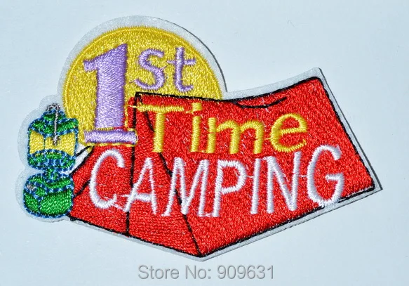 

Boy Girl 1ST TIME CAMPING Fun iron on Patch Crests Badges GUIDES SCOUTS First tent