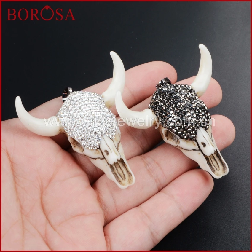 

Бороса Longhorn смолы рога скот кулон, Булл буйвол скот кулон s вымощенный черный/белый цирконы Drusy ювелирных изделий JAB339