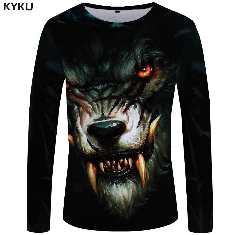 KYKU Wolf футболка мужская с длинным рукавом Футболка готический рок светильник одежда черная забавная футболка s животное 3d Футболка Аниме Мужская одежда s