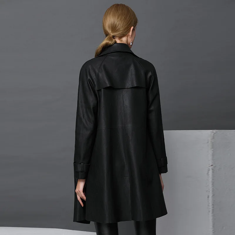 Women Fashion Autumn Winte PU Leather 2018 Black Full Sleeve Turn-down Collar Vintage Office Long Coat Work Ladies Outwear Coats