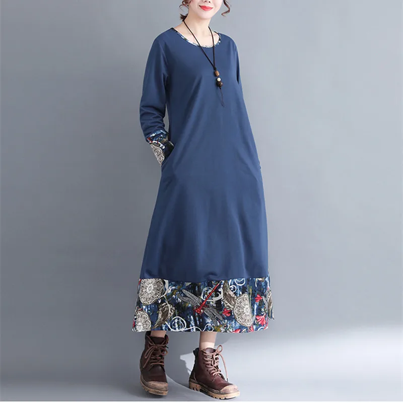 MIWIMD Hot Sale 2018 New Fashion Women Autumn Winter Casual Loose Cotton Linen Long Sleeve Stitching Print Dresses Big Size | Женская