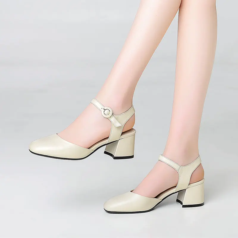 Women Closed toe Sandals Genuine Leather Square Heel High Heels Gladiator Cow Sandalias Mujer 2019 | Обувь