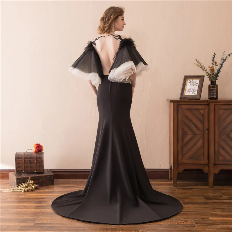 Черное вечернее платье Forevergracedress дизайнерское большого размера с перьями и