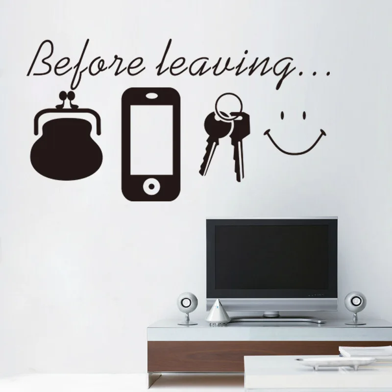 Before Leaving Cellphone Key Bag Smile Reminder Quotes Vinyl Wall Stickers For Door Living Room Decoration Diy Decals Wall Art