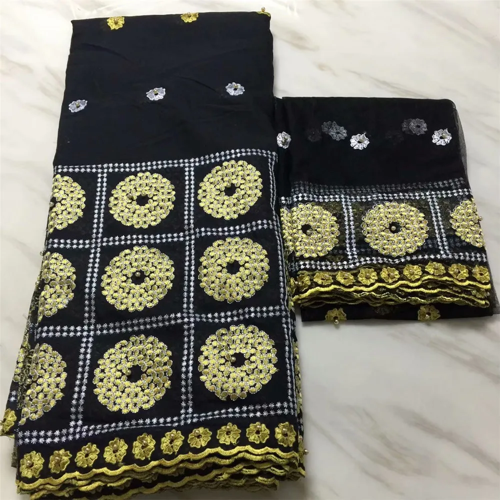 5 ярдов Африканский Базен Кружева Черный с 2 французский чистая кружева высокое