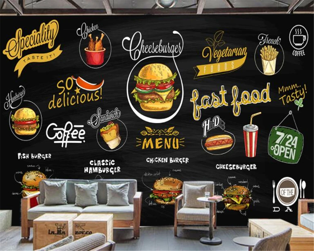

beibehang HD hand-painted blackboard pizza hamburger restaurant background wall papel de parede wallpaper behang papier peint